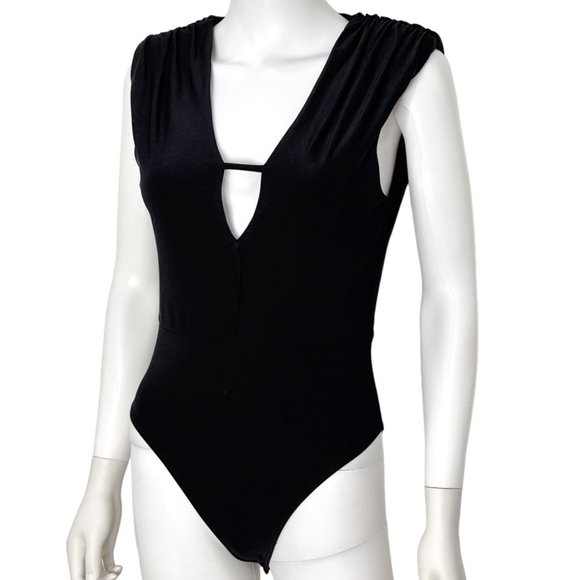 Miss Selfridge Shoulder Pad Sleeveless Plunge Neck Cutout Bodysuit in Black Sz 6 - Picture 1 of 13